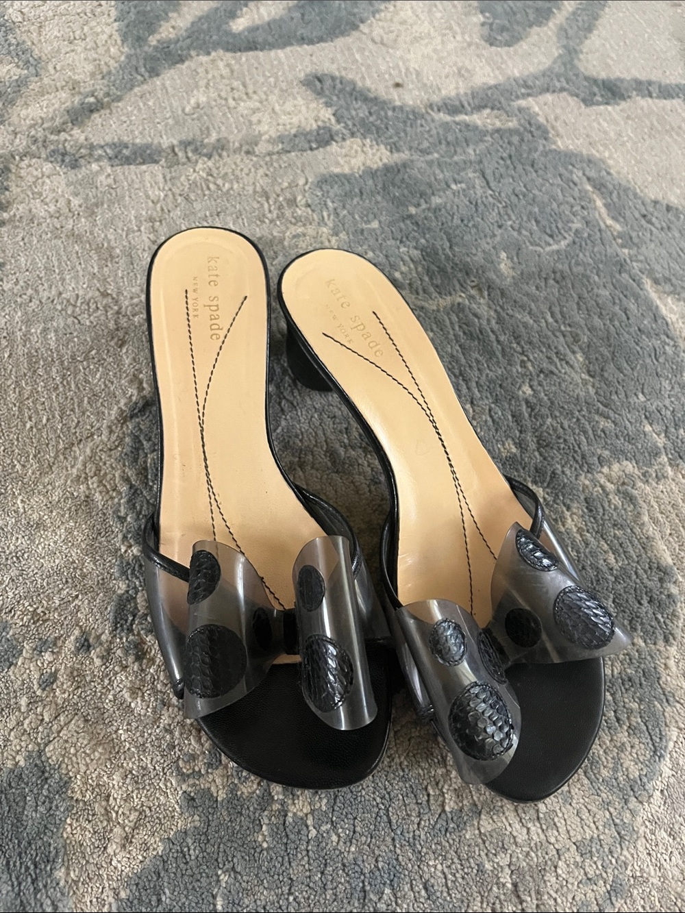 kate spade Black Clear Bow Slide Mules with Polka Dot Accents